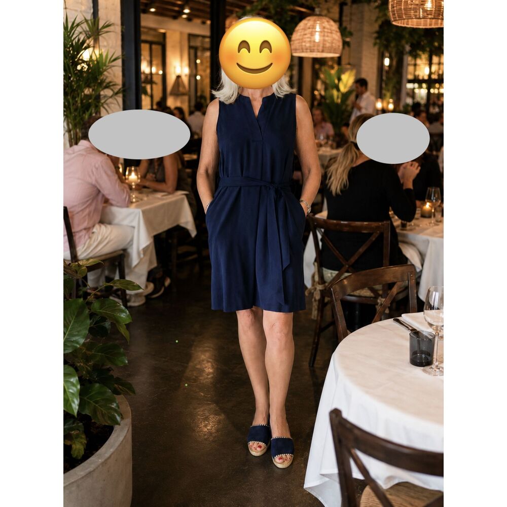 📘 Ann Taylor Navy V-Neck Dress – Belted, Sleeveless, Pockets – Size 4